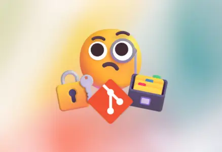 Emoji 3D flutuando de um rosto com monóculo, com um emoji 3D de um cadeado com uma chave logo abaixo, seguido do logo do Git e outro emoji 3D de um organizador de documentos, com um fundo colorido e desfocado.